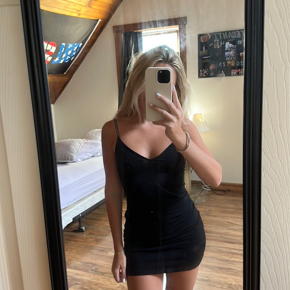 Divided Black Mini Dress with Rhinestone Straps